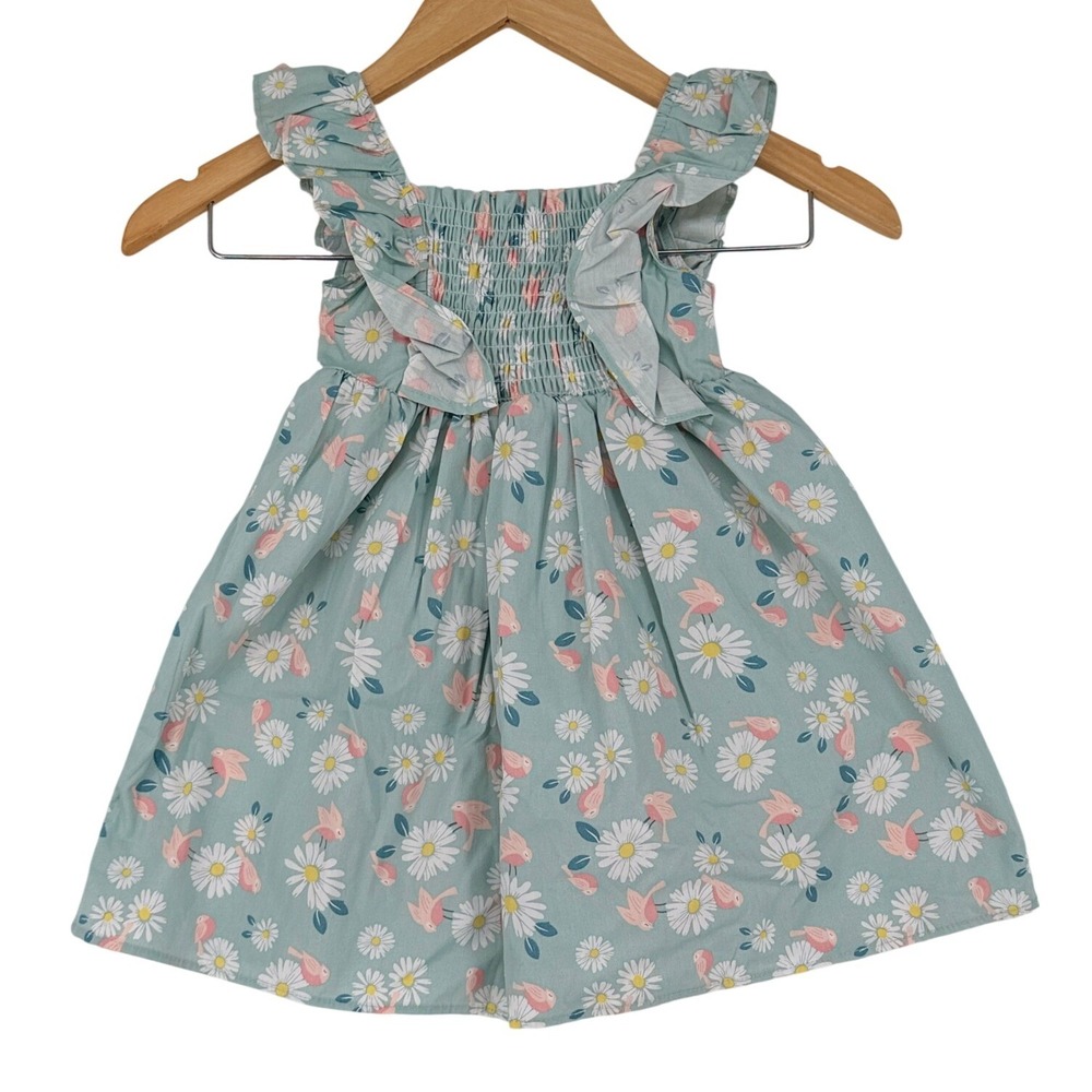 Nannette Kids Girls 3T Sage Green Daisy Bird Print Smocked Ruffle Strap Dress